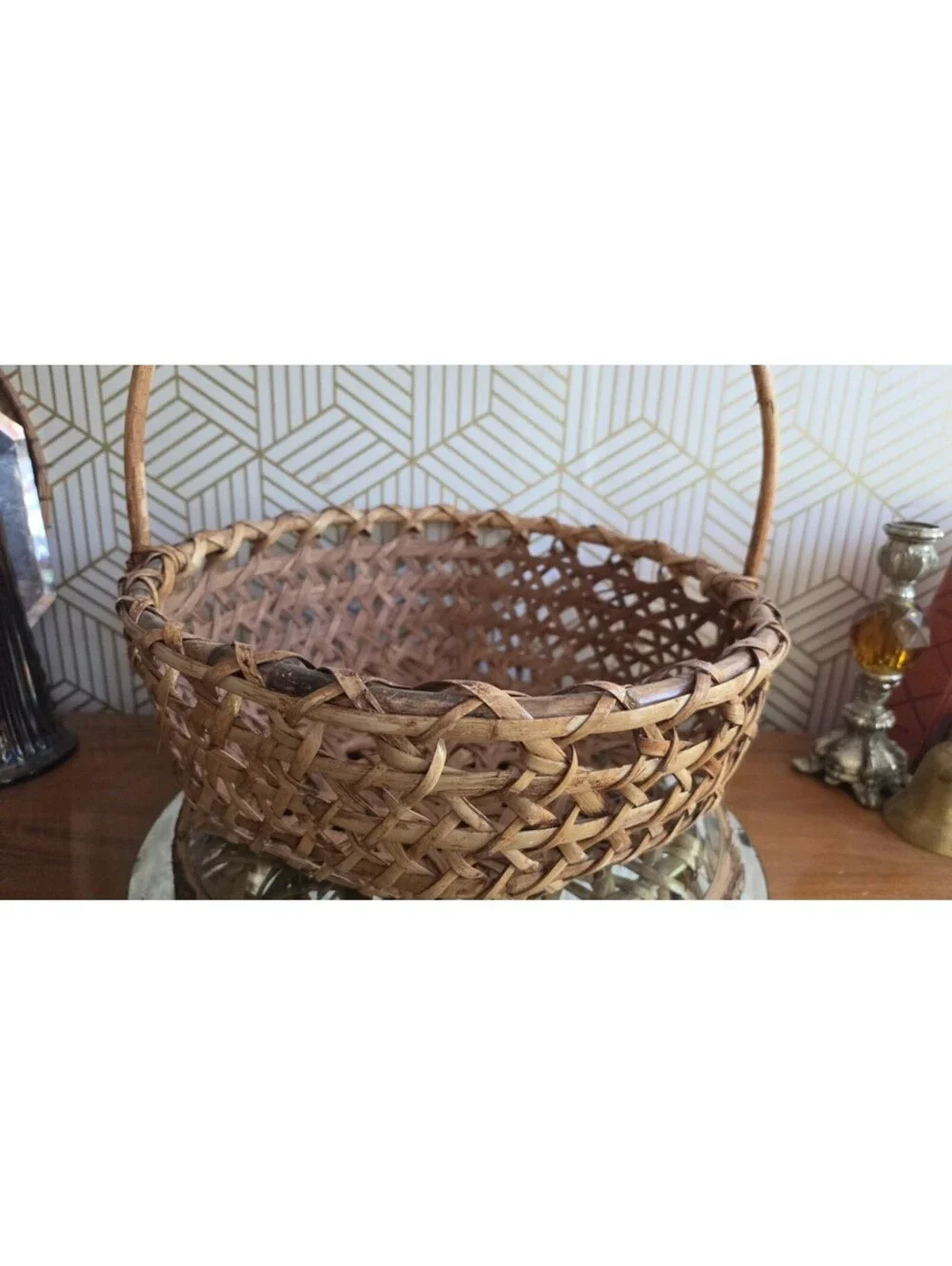 Vintage Woven Bamboo Splint and Wicker Gathering Basket Lg Arched Handle 15